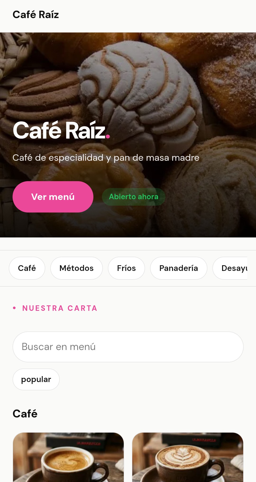 Menú digital de Café Raíz